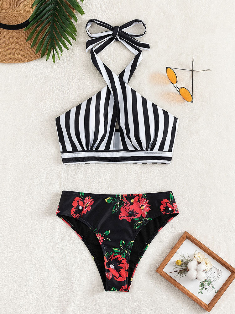 Cross-Back Neckline Separated Bikini Set, High-Waisted Swimwear Bikini