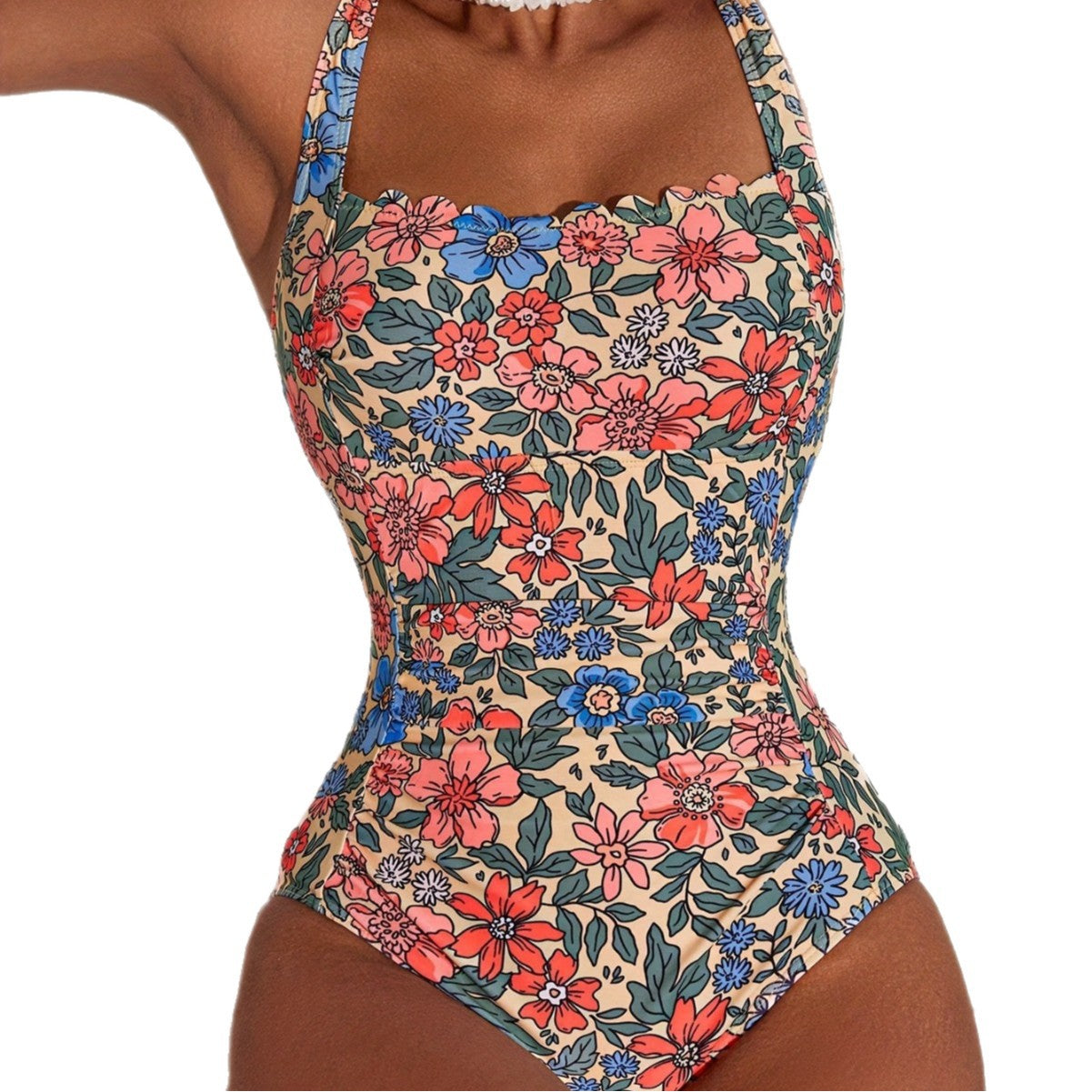 Floral print suspender one-piece seaside beach vacation swimsuit