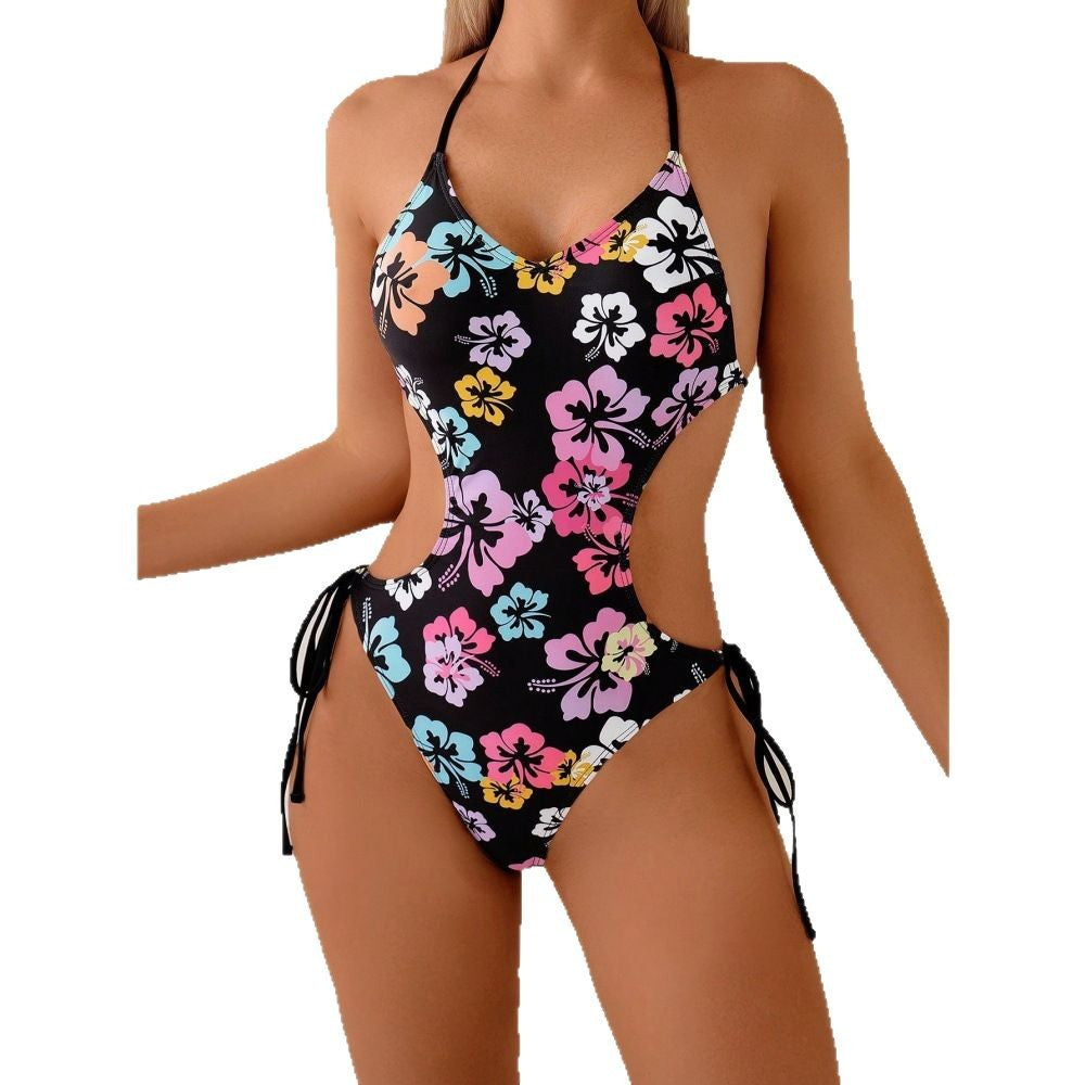 Flower print backless drawstring hollow women's one-piece swimsuit