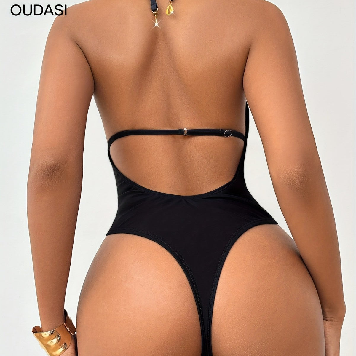 Deep Backless Neck Tie-String Design Women's One-Piece Swimsuit