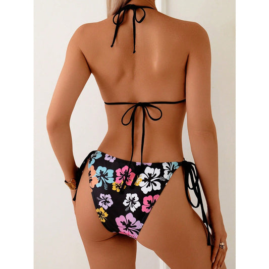Flower print backless drawstring hollow women's one-piece swimsuit
