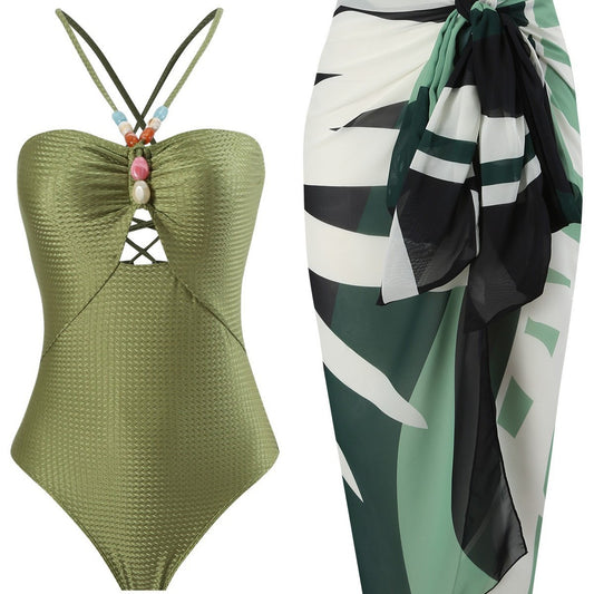 Bead decoration hollow one-piece with slit skirt beach swimsuit