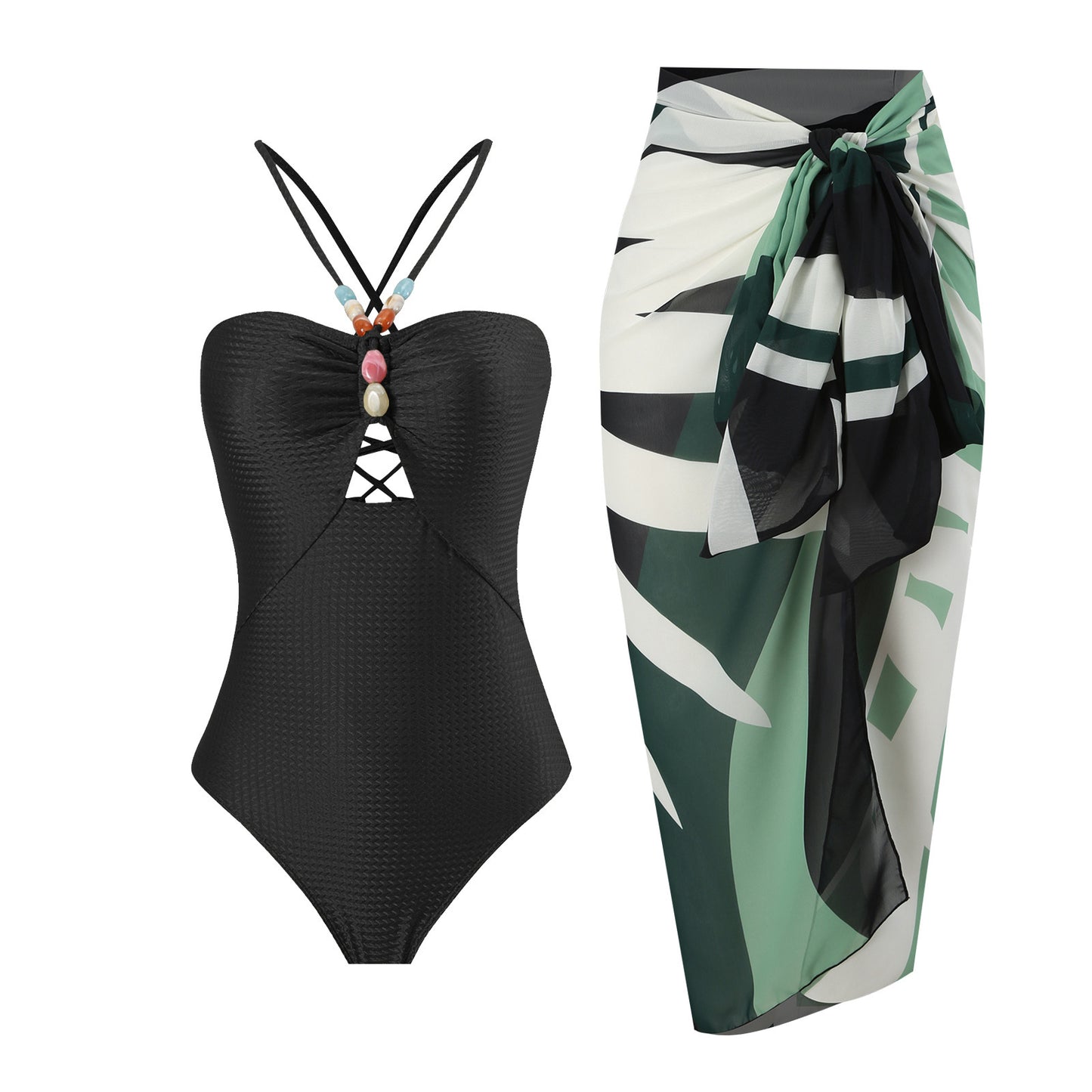 Bead decoration hollow one-piece with slit skirt beach swimsuit