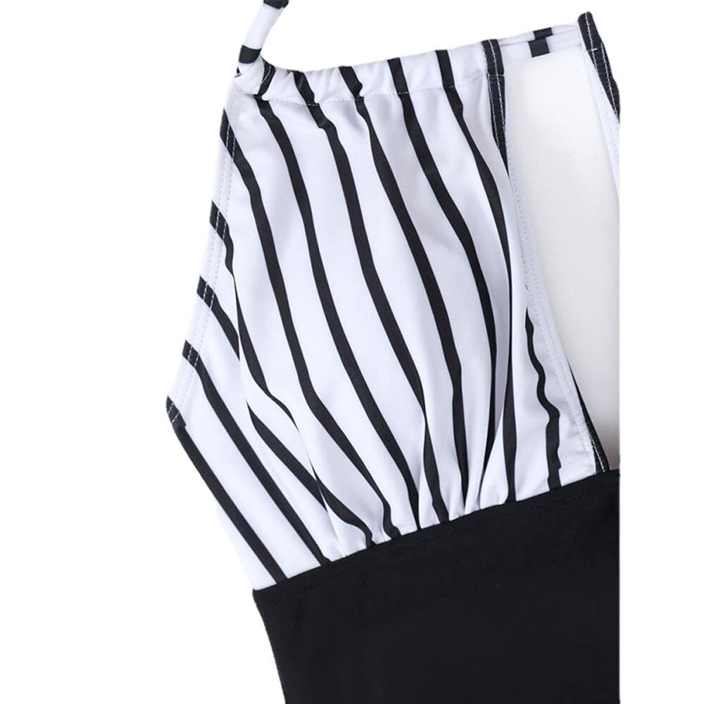 striped halter one-piece swimsuit for women, backless tied design, factory direct wholesale