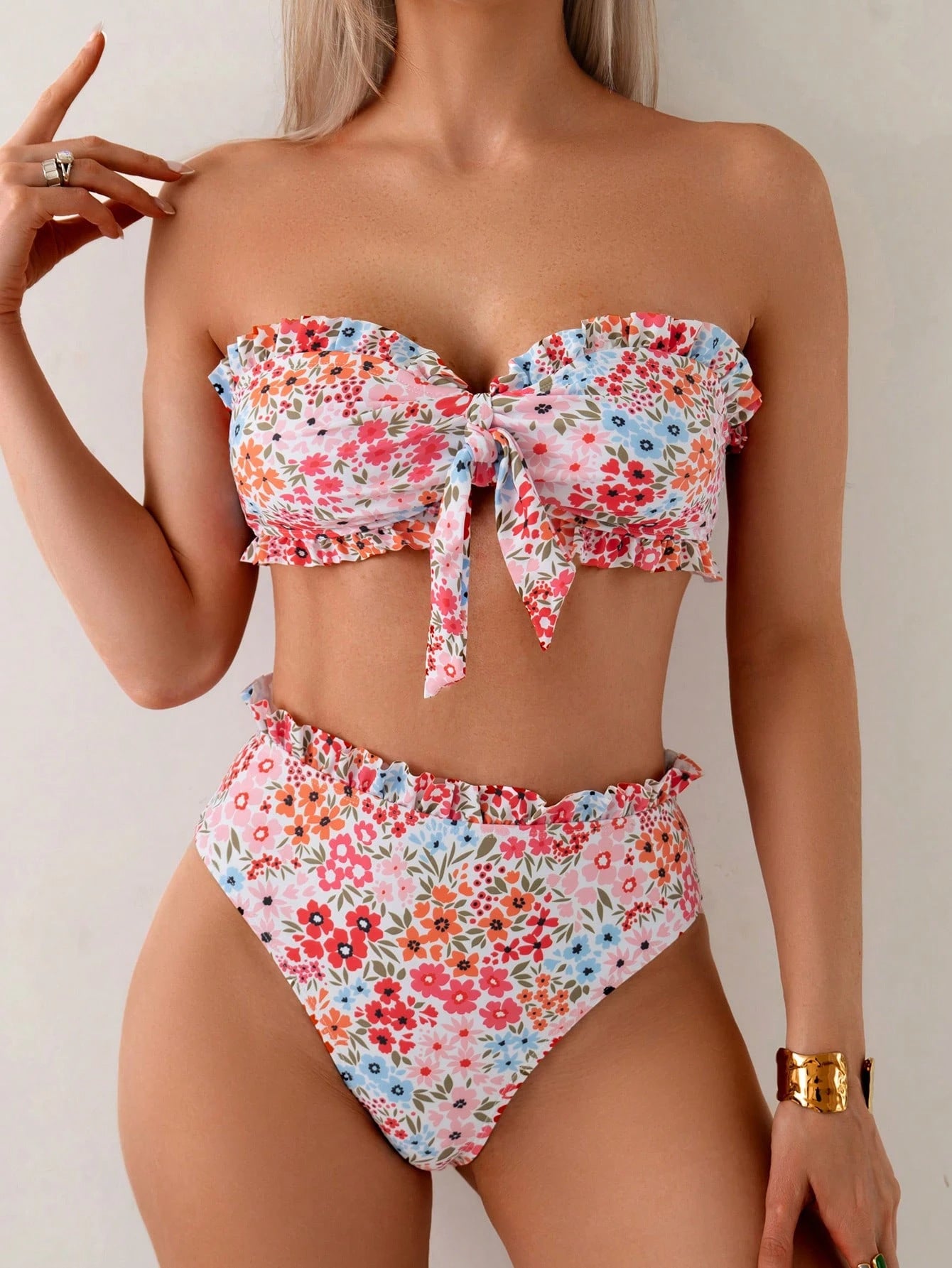 Floral strapless bow split swimsuit for women