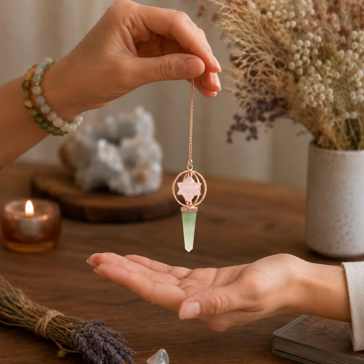 Heart Compass- Two Piece Spinning Merkaba Star in Copper Pendulum - Rose Quartz & Green Aventurine