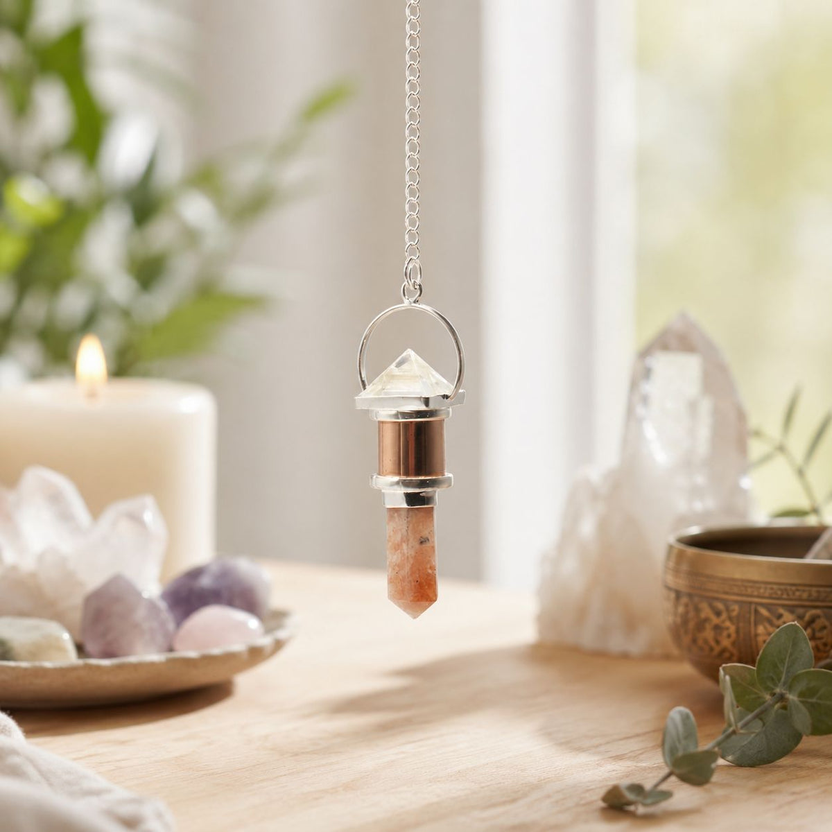 The Moon Chamber- Combo Piece Copper Pendulum - Clear Quartz & Sunstone