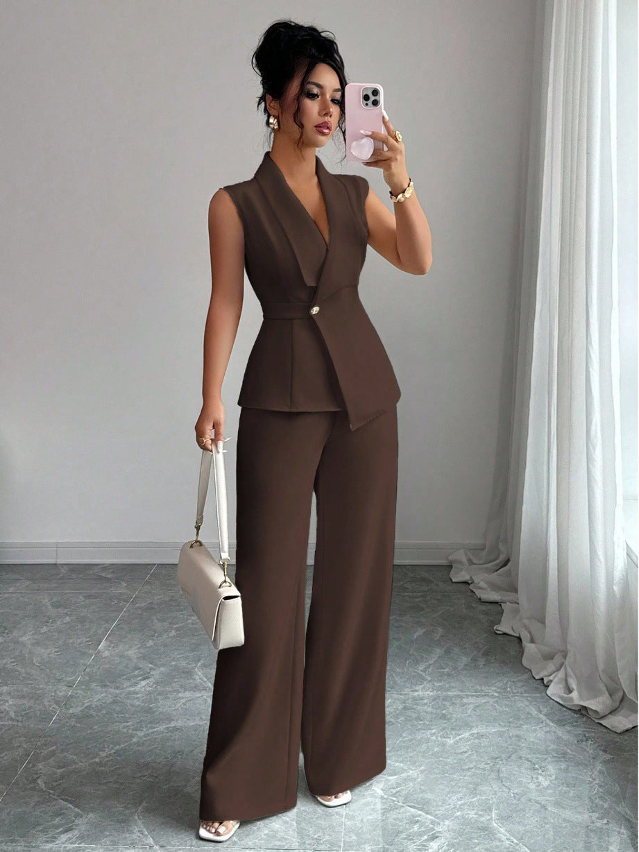 Sleeveless suit straight leg pants two-piece set