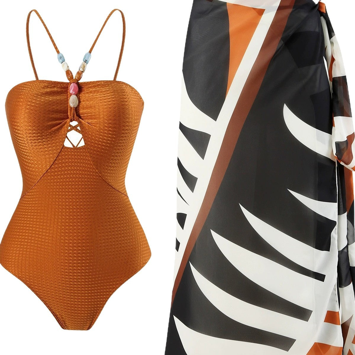 Bead decoration hollow one-piece with slit skirt beach swimsuit
