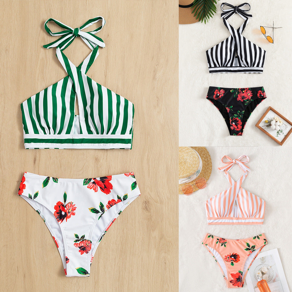 Cross-Back Neckline Separated Bikini Set, High-Waisted Swimwear Bikini