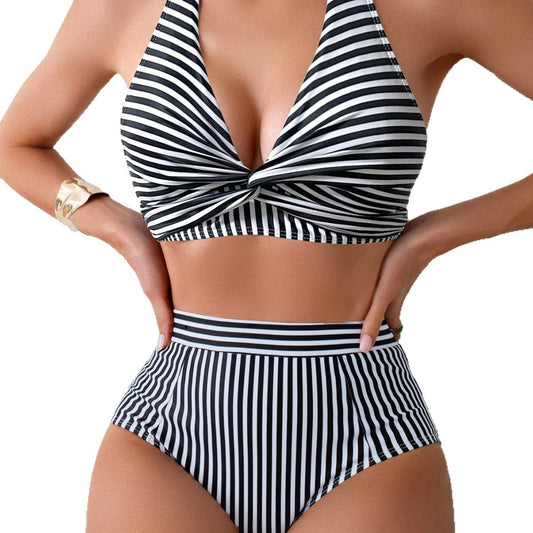 Hanging neck striped lace up backless swimsuit