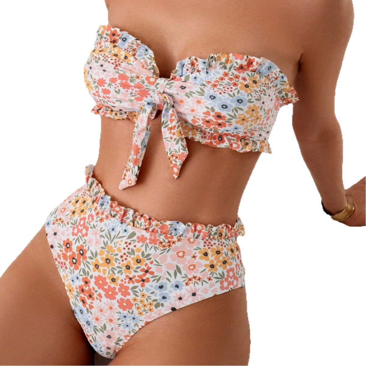Floral strapless bow split swimsuit for women