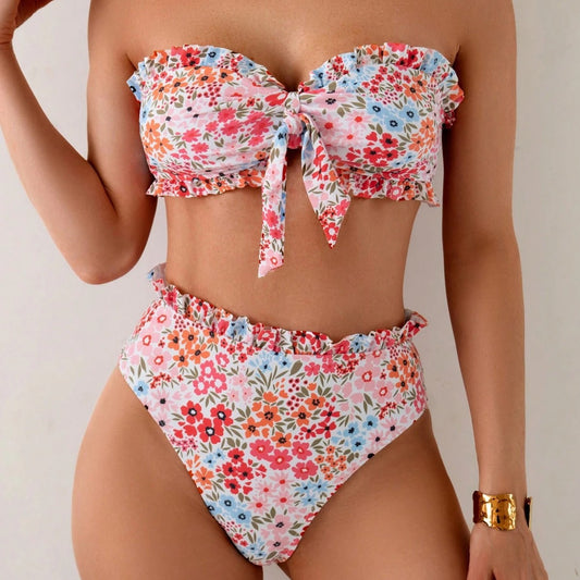 Floral strapless bow split swimsuit for women