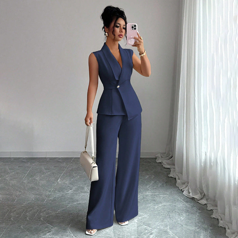 Sleeveless suit straight leg pants two-piece set