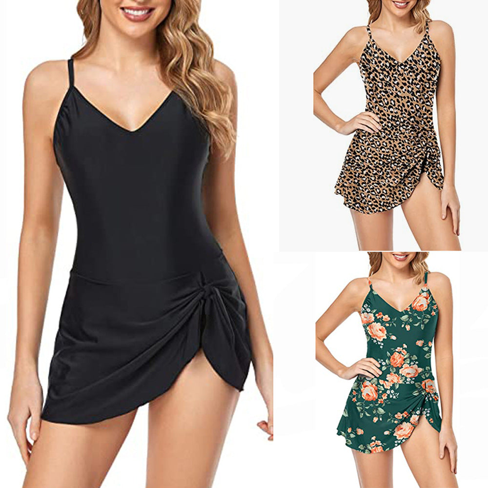 Small Floral Digital Print One-Piece Swimsuit for Women, Side Slit with Pleated Design