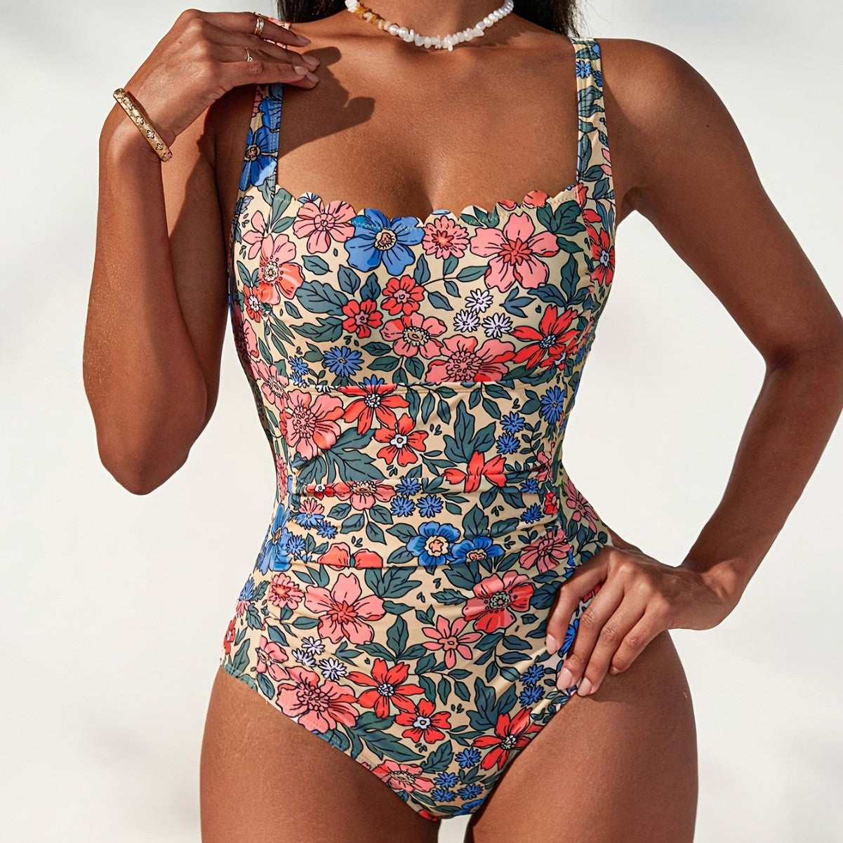 Floral print suspender one-piece seaside beach vacation swimsuit