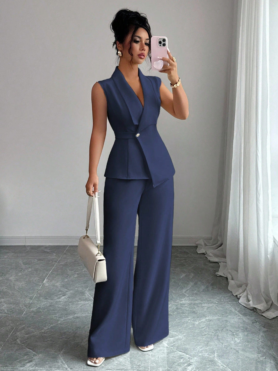 Sleeveless suit straight leg pants two-piece set