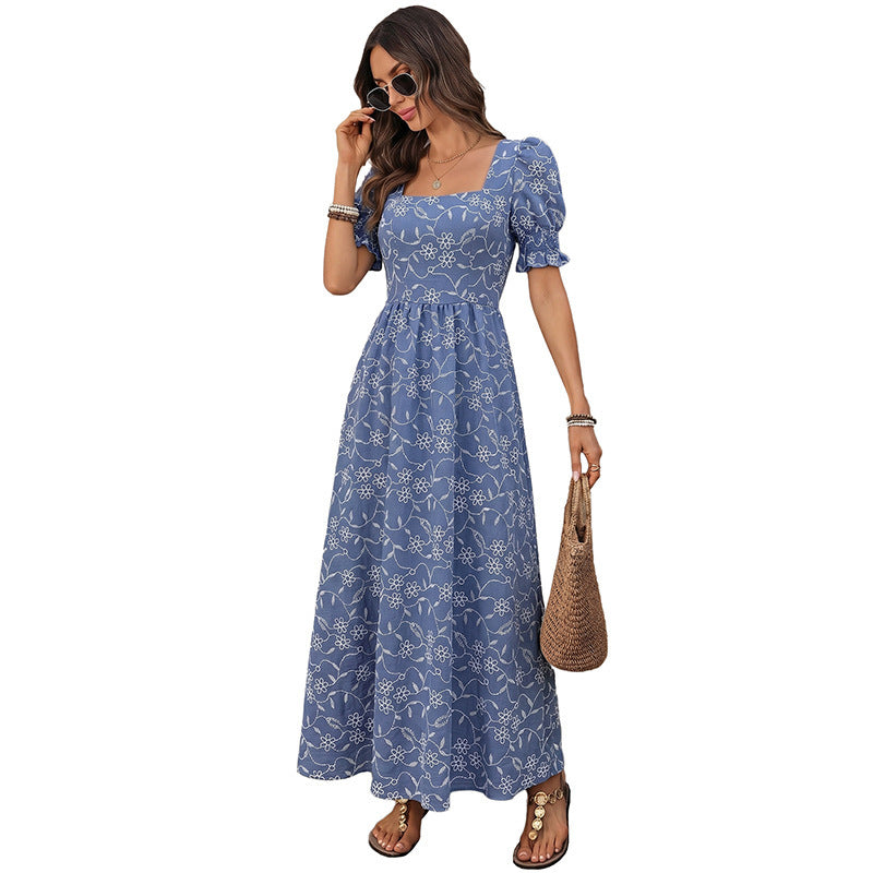 Square collar zipper long dress