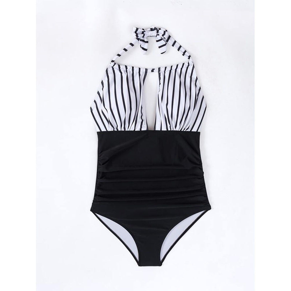striped halter one-piece swimsuit for women, backless tied design, factory direct wholesale