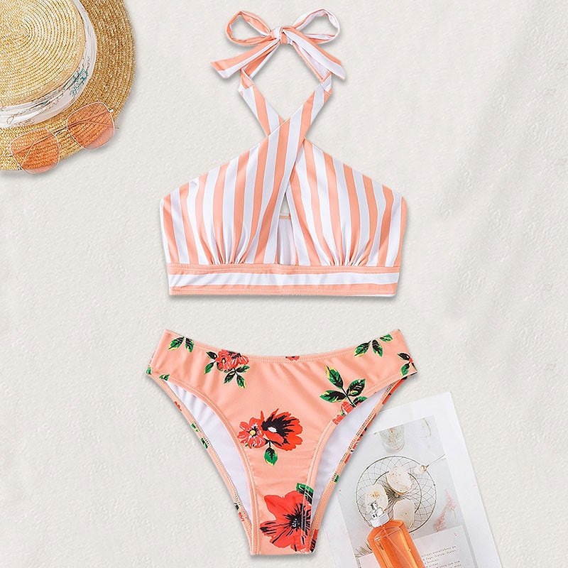 Cross-Back Neckline Separated Bikini Set, High-Waisted Swimwear Bikini