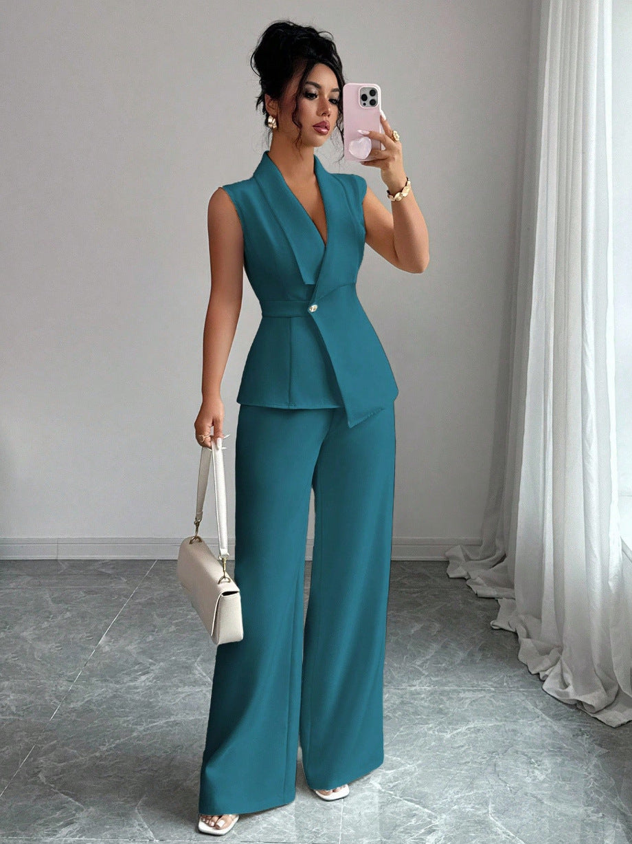 Sleeveless suit straight leg pants two-piece set