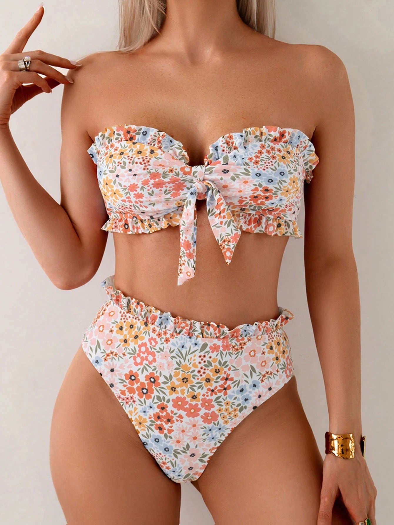 Floral strapless bow split swimsuit for women