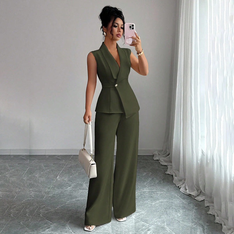 Sleeveless suit straight leg pants two-piece set