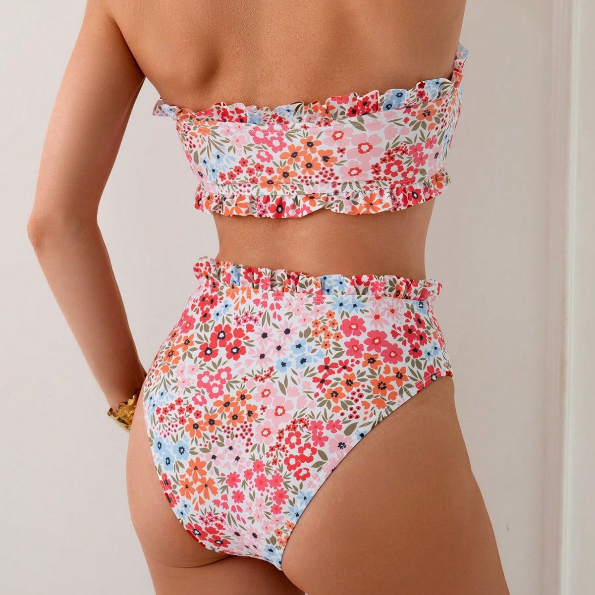 Floral strapless bow split swimsuit for women