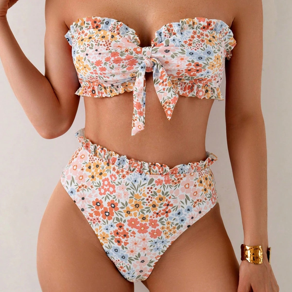 Floral strapless bow split swimsuit for women