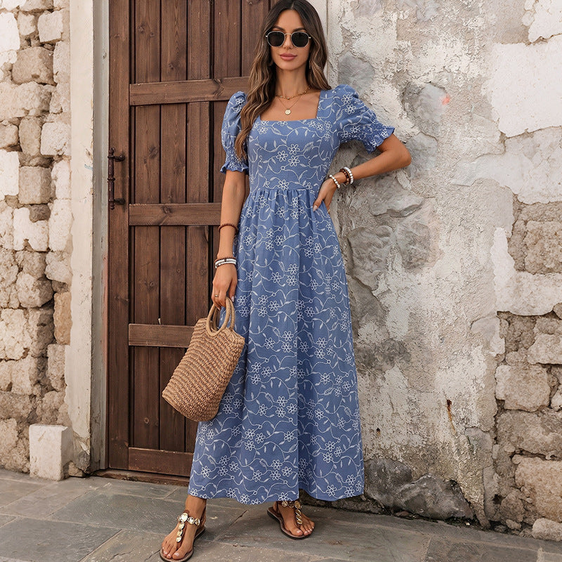 Square collar zipper long dress
