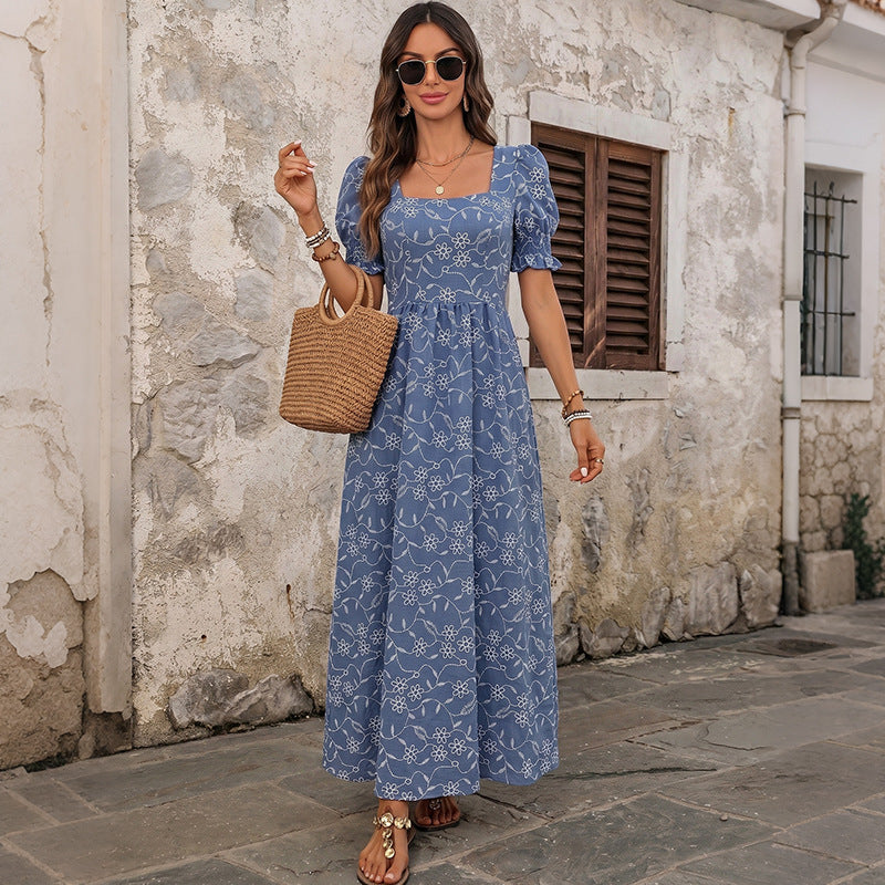 Square collar zipper long dress