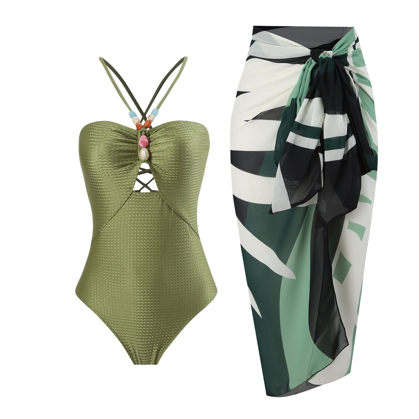 Bead decoration hollow one-piece with slit skirt beach swimsuit