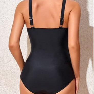 Drawn pleats for slimming and deep V one-piece swimsuit