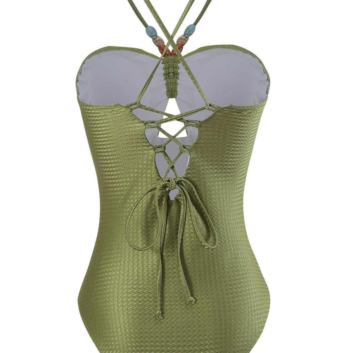 Bead decoration hollow one-piece with slit skirt beach swimsuit