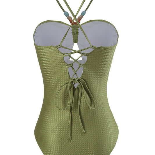 Bead decoration hollow one-piece with slit skirt beach swimsuit
