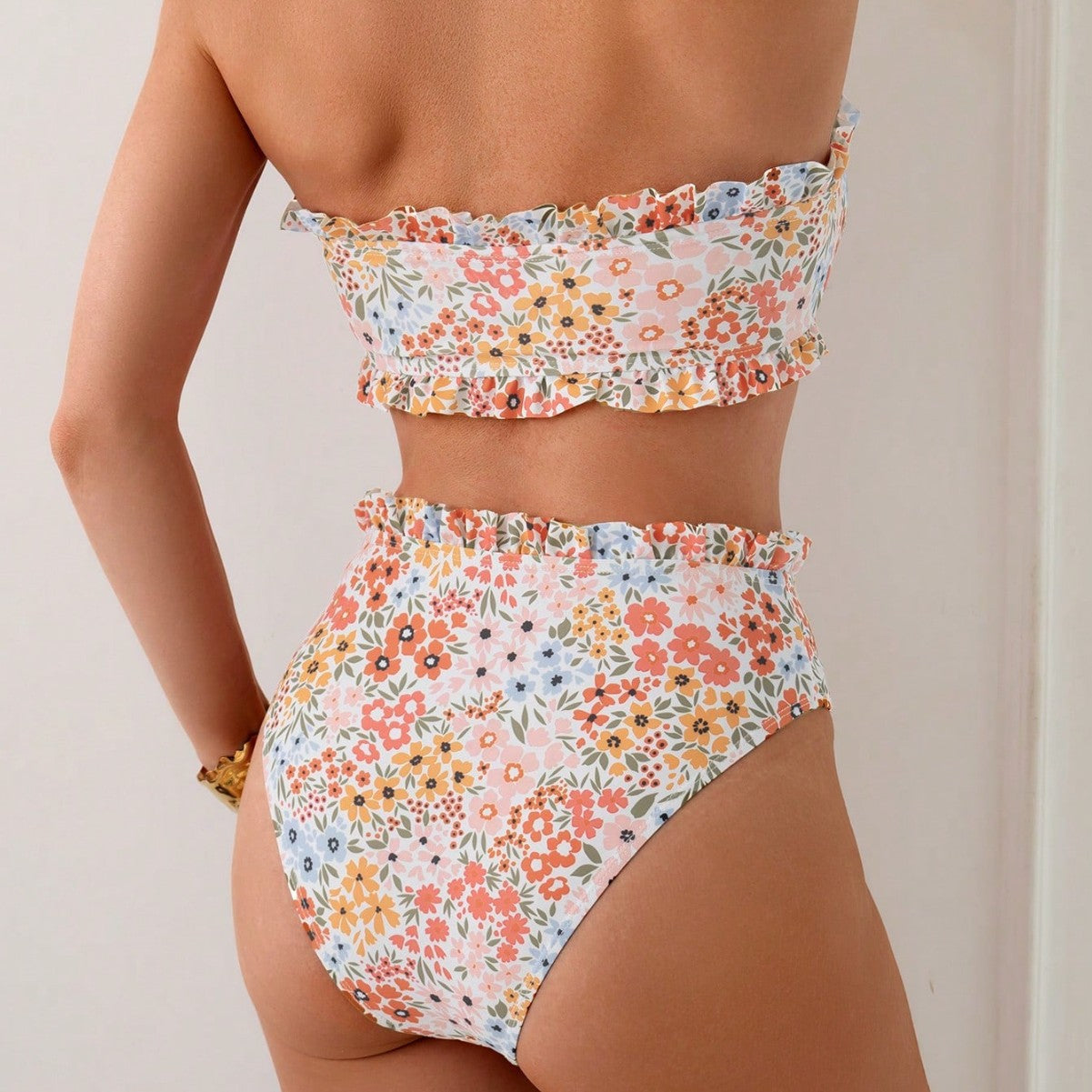 Floral strapless bow split swimsuit for women
