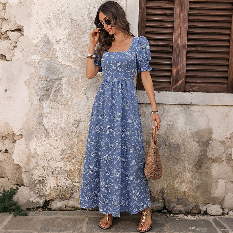 Square collar zipper long dress