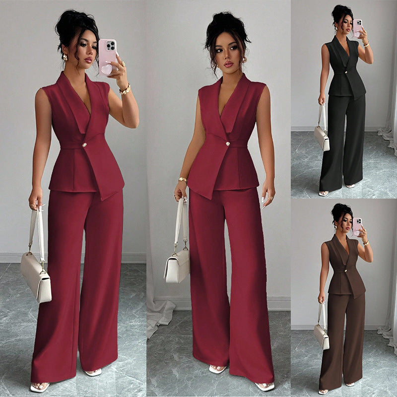 Sleeveless suit straight leg pants two-piece set
