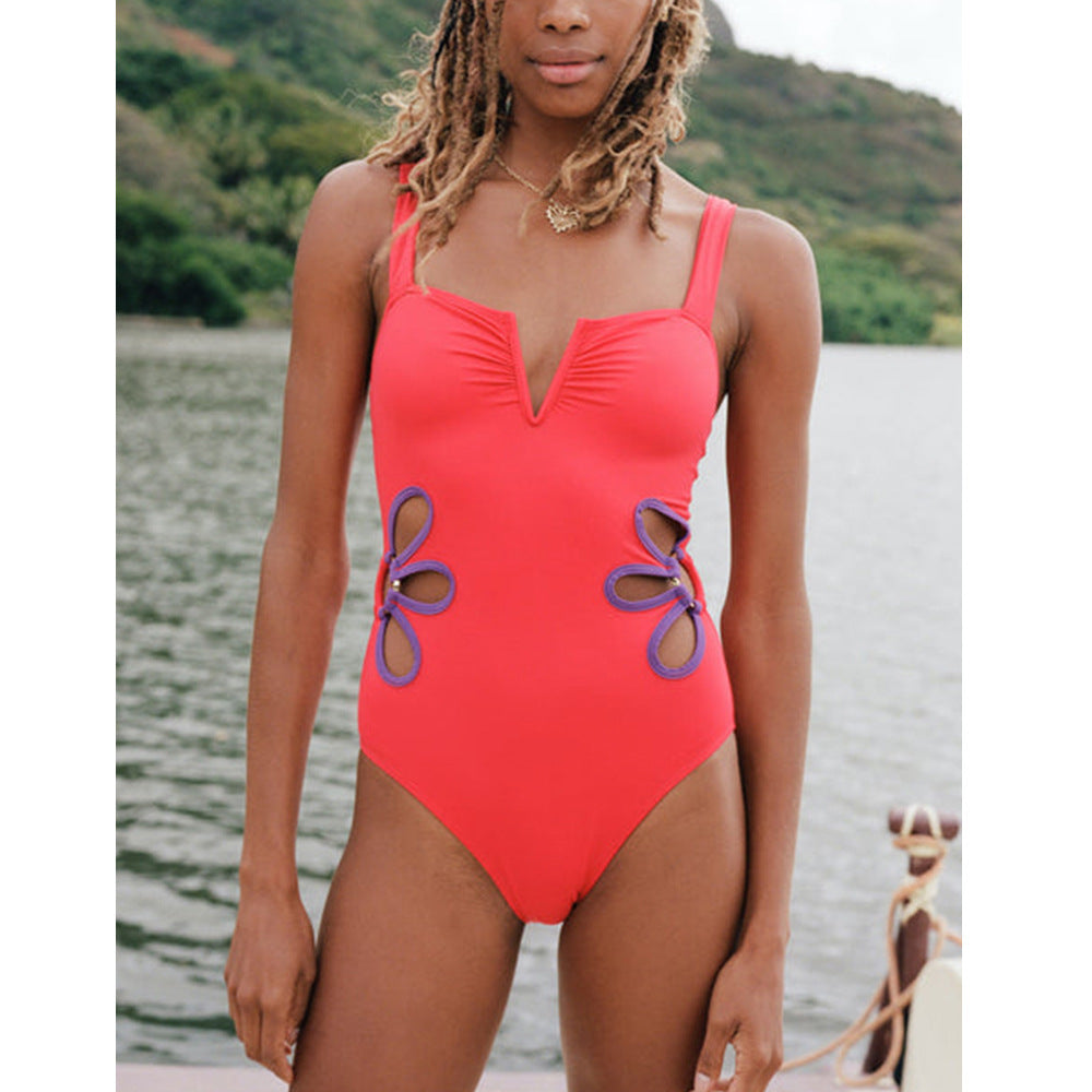 High-Waisted High-Cut One-Piece Swimsuit for Women, V-Neck Padded One-Piece with Cutout Details, Solid Color, Factory Stock