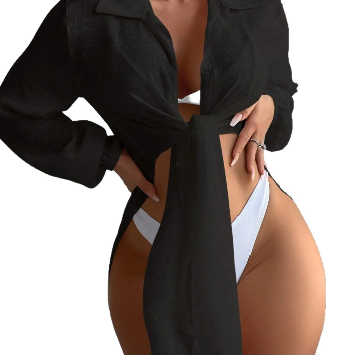 Collar shirt style beach cover paired with white bikini swimsuit