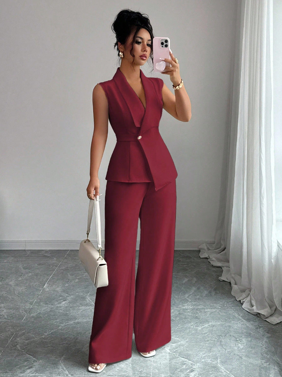 Sleeveless suit straight leg pants two-piece set