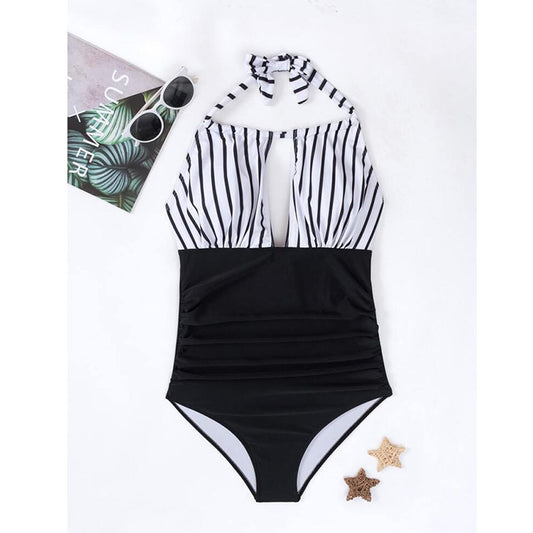 striped halter one-piece swimsuit for women, backless tied design, factory direct wholesale