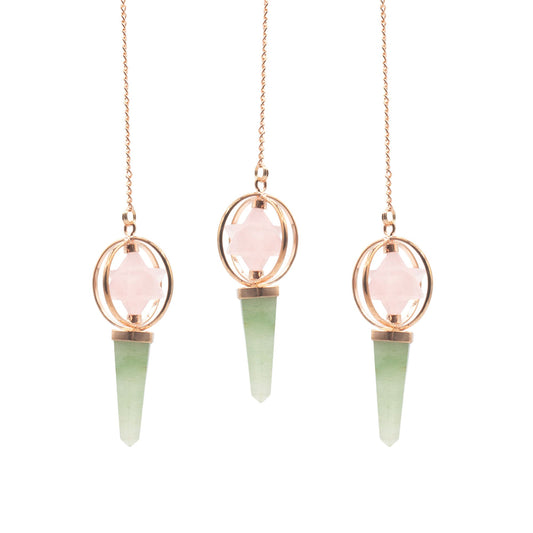 Heart Compass- Two Piece Spinning Merkaba Star in Copper Pendulum -  Rose Quartz & Green Aventurine